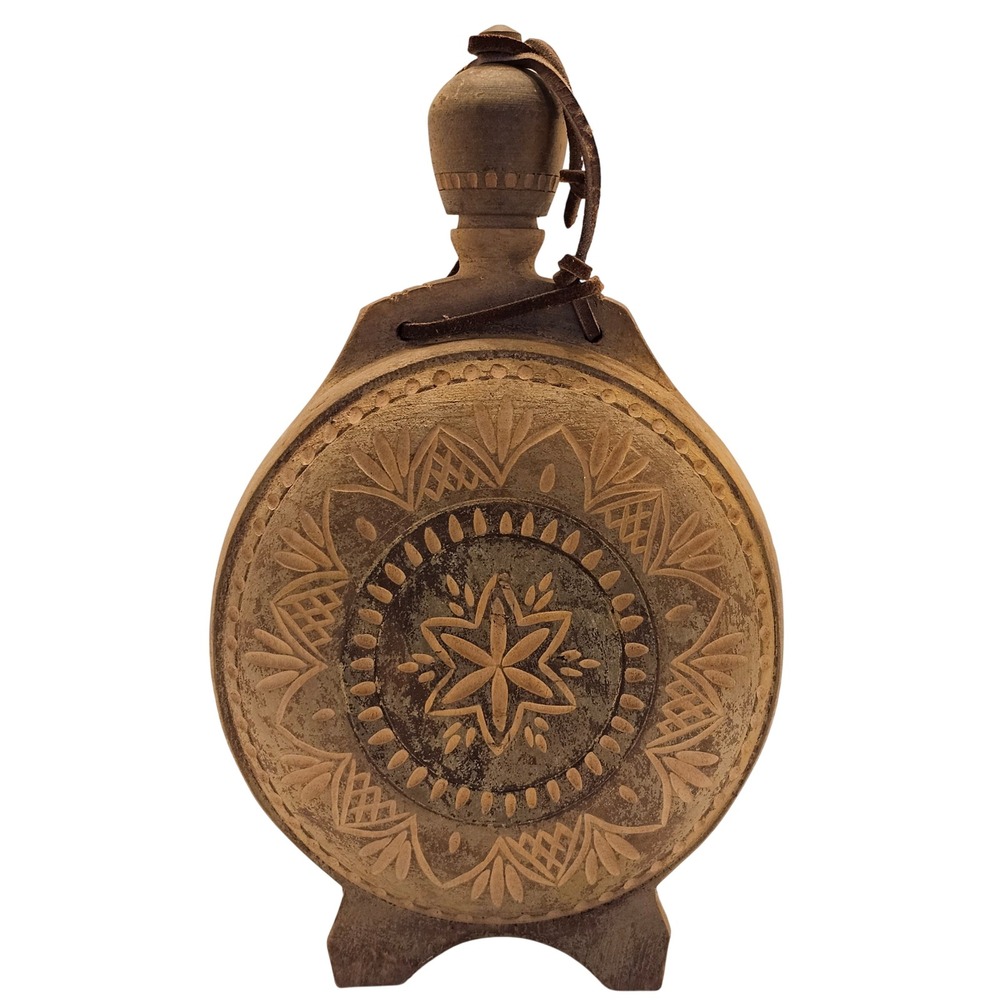 Vintage Hand Carved Wooden Canteen Folk Art Floral Mandala Decorative Vessel